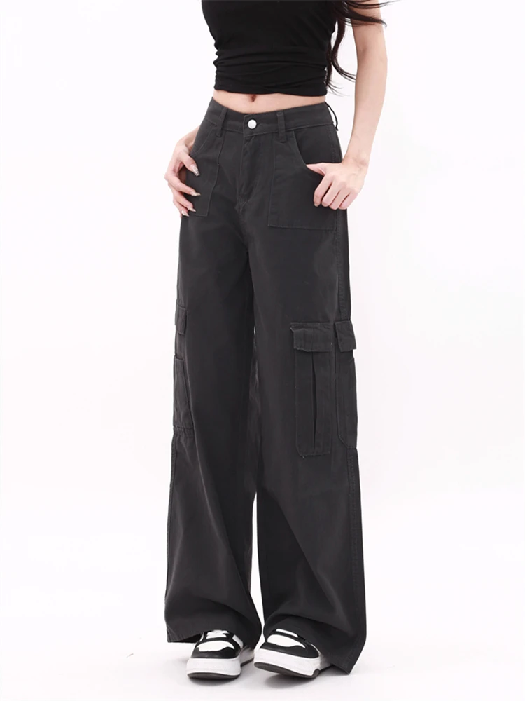 Women's Multi Pocket Design Unisex Pants Cool Girl Vibe Street Fashion High Waist Bottoms Female Straight Wide-leg Trouser