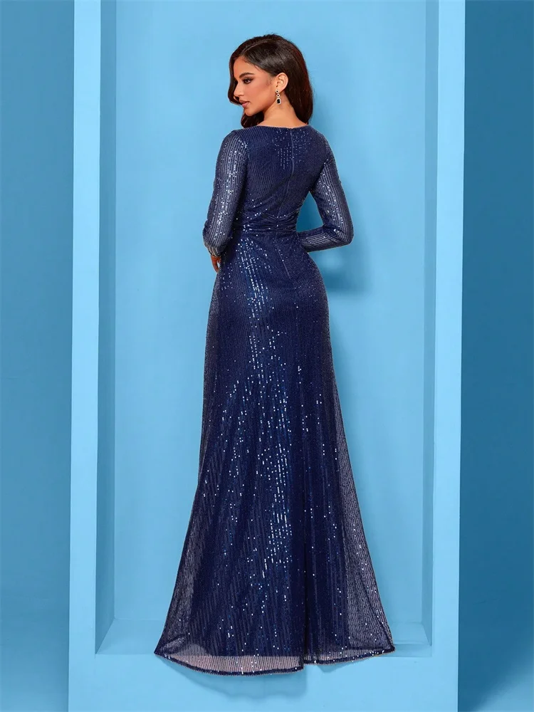 فساتين سهرة فاخرة باللون الأزرق بأكمام طويلة ورقبة على شكل حرف v ترتر أنيقة لحفلات الزفاف للنساء الضيوف حفلة موسيقية وصيفة العروس فساتين كوكتيل #2