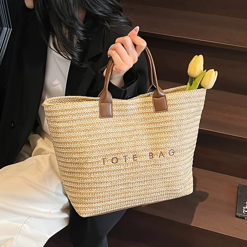 Handheld large capacity commuting letter embroidered woven bag, women's fashionable casual grass woven bag, tote bag, handbag image 5