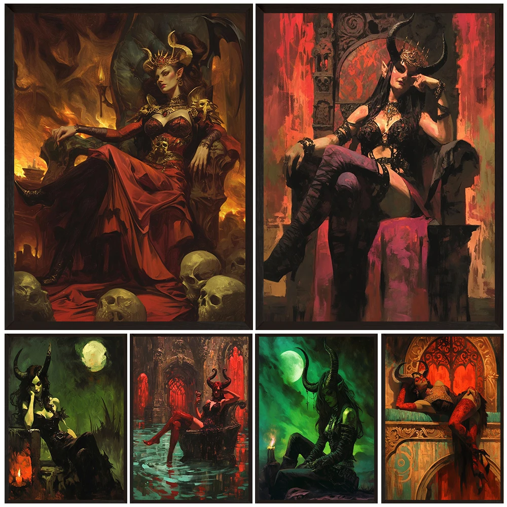 

Demon Queen Lilith On The Throne,Dark Occult Wall Art Canvas Painting,Lilith Art Poster And Print,Witch Print, Wiccan Art Decor