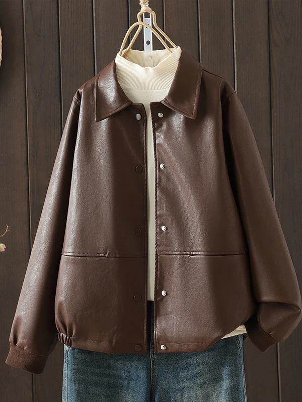 

Cool Leather Jaet Women's Soft PU Brown Flip Collar Coat Autumn Faion Small Size Bla Leather Outerwear Long Sve