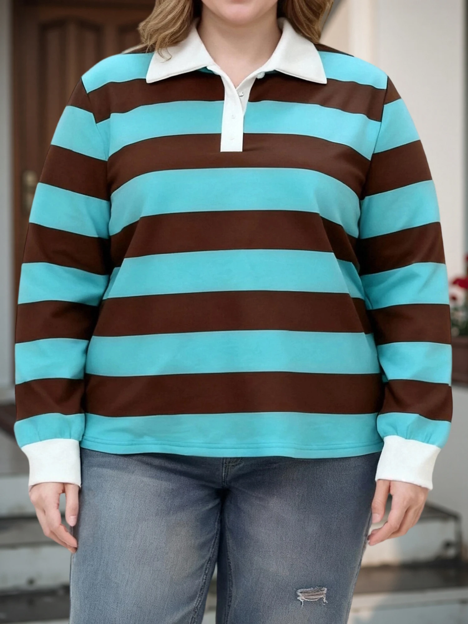 

Женская осенняя повседневная блузка больших размеров с длинными рукавами и воротником с лацканами на пуговицах, полосатым принтом и передним карманом