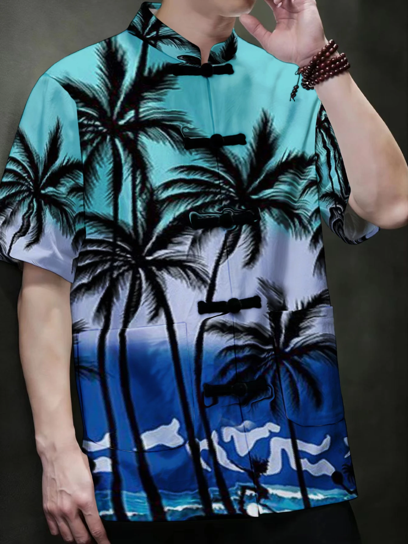 Men Men Mandarin Collar Frog Button Short Sleeve Shirt Nature Scenery Leaf Coconut Tree Print Oriental Casual Top With Front Pockets - Aliexpress Deal