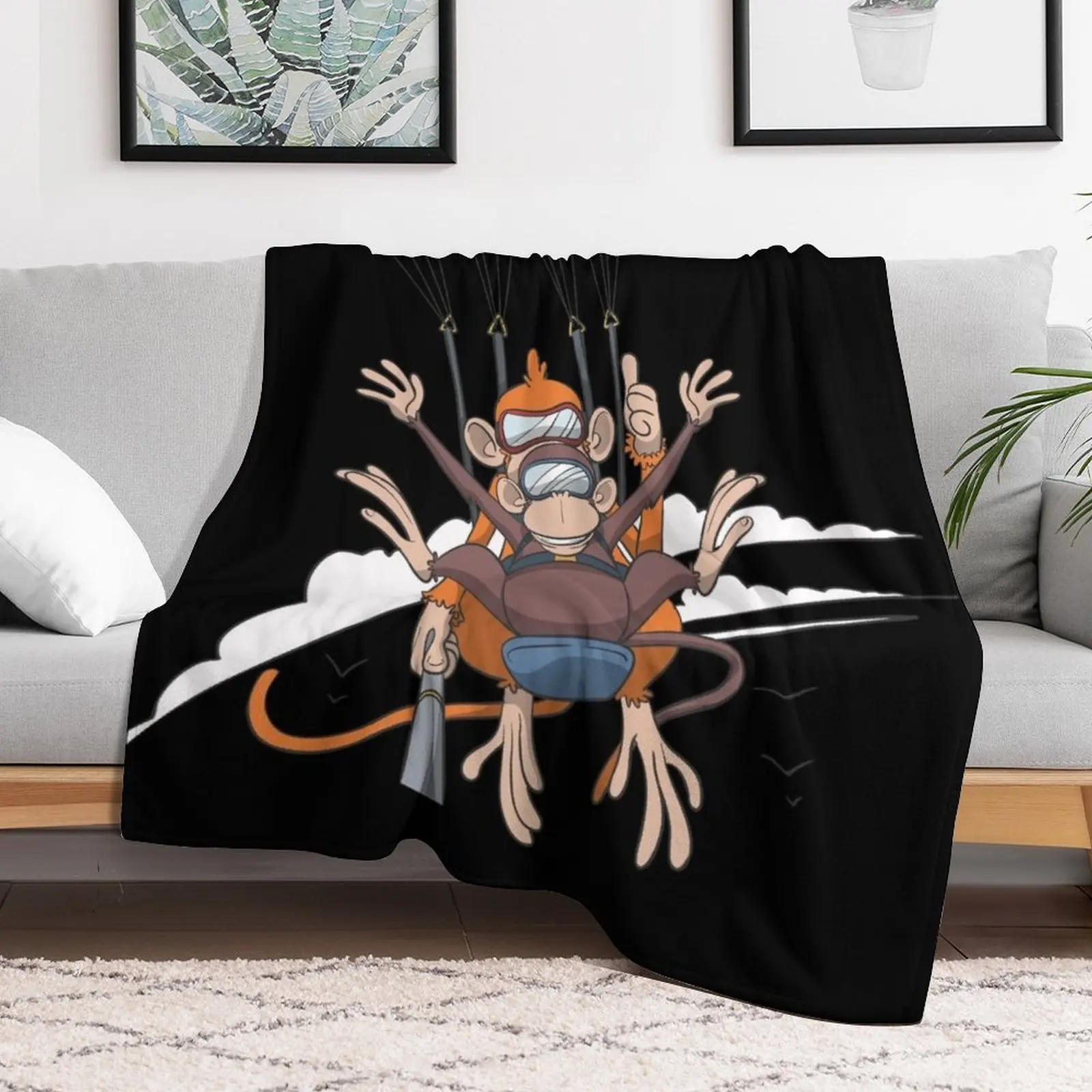 Monkeys in paragliding tandem flight Throw Blanket Decorative Throw Flannel Fabric Luxury Blankets