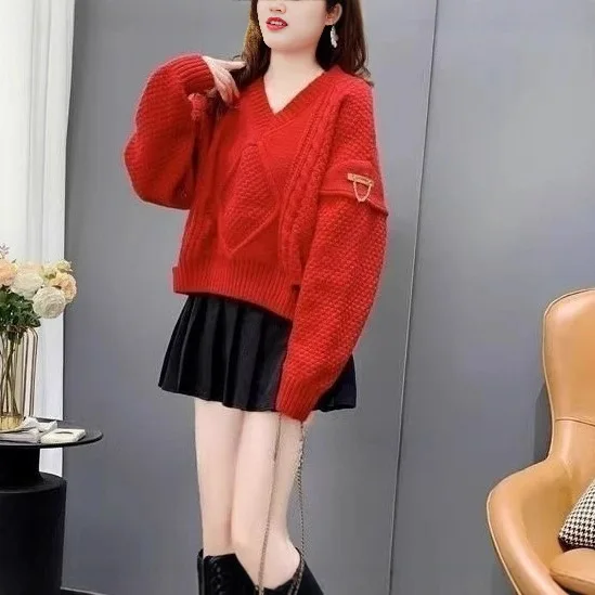 Camisola de malha v-ne feminina solta torção ort sle outono inverno nova chegada coreano sle buraco design casual faion