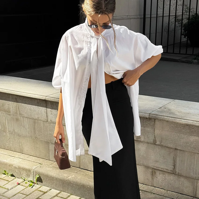 French-style White Stand-collar Shirt With Ribbons, 2026 New Model, Elegant And Stiglich Top, Fashionable, Simple. And Multifunc