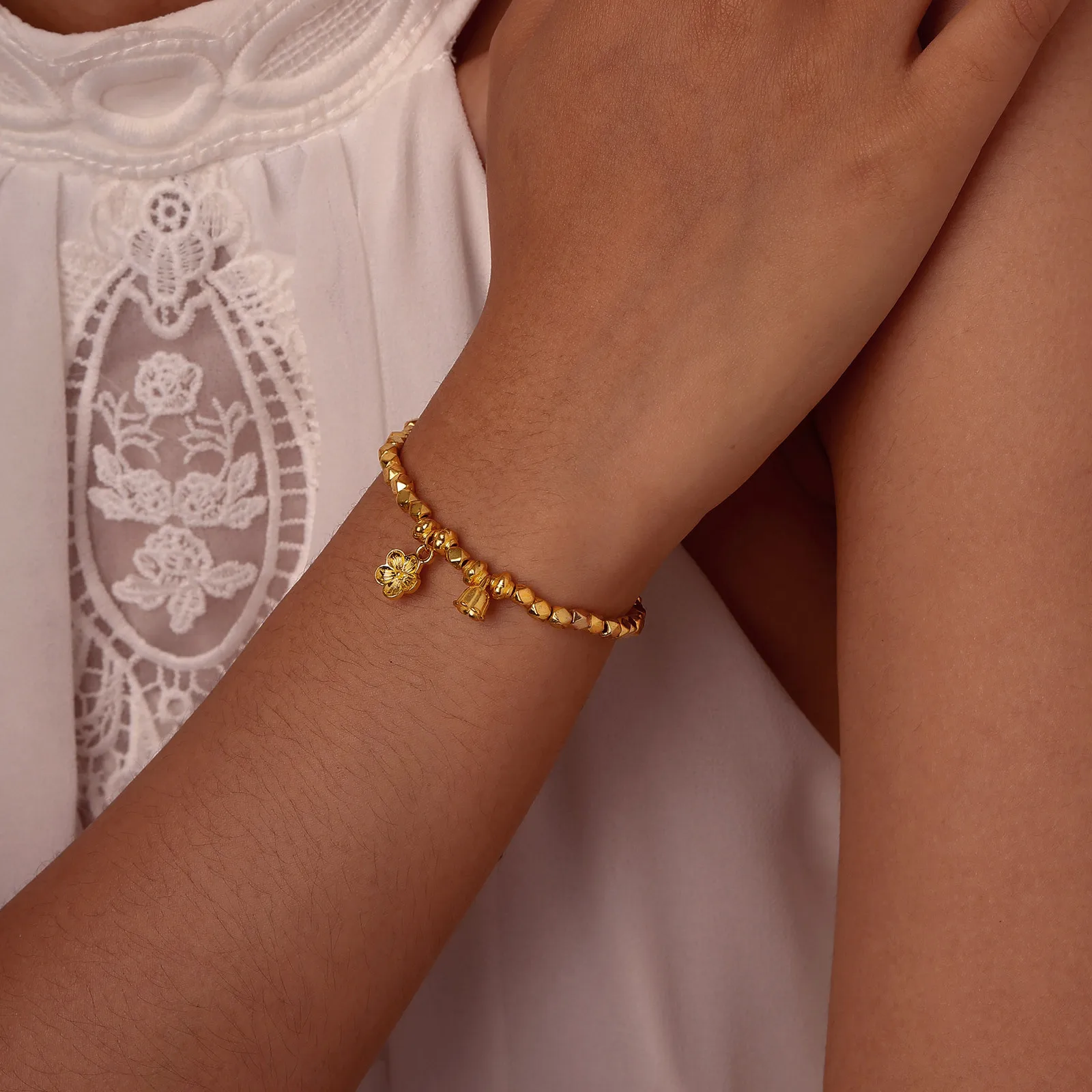 Charms Bell Flower Bracelet, Geometric Beaded Chain Bracelet for Women Girls Gift
