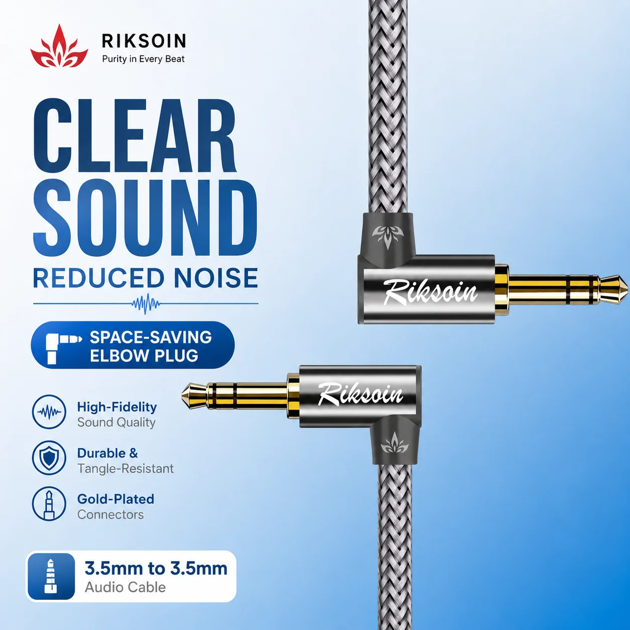 RIKSOIN 3,5-mm-Audiokabel, silberfarbenes rechtwinkliges Hi-Fi-Stereo-Aux-Kabel (Stecker auf Stecker) für Auto, Kopfhörer, Lautsprecher, Tablets, iPhone