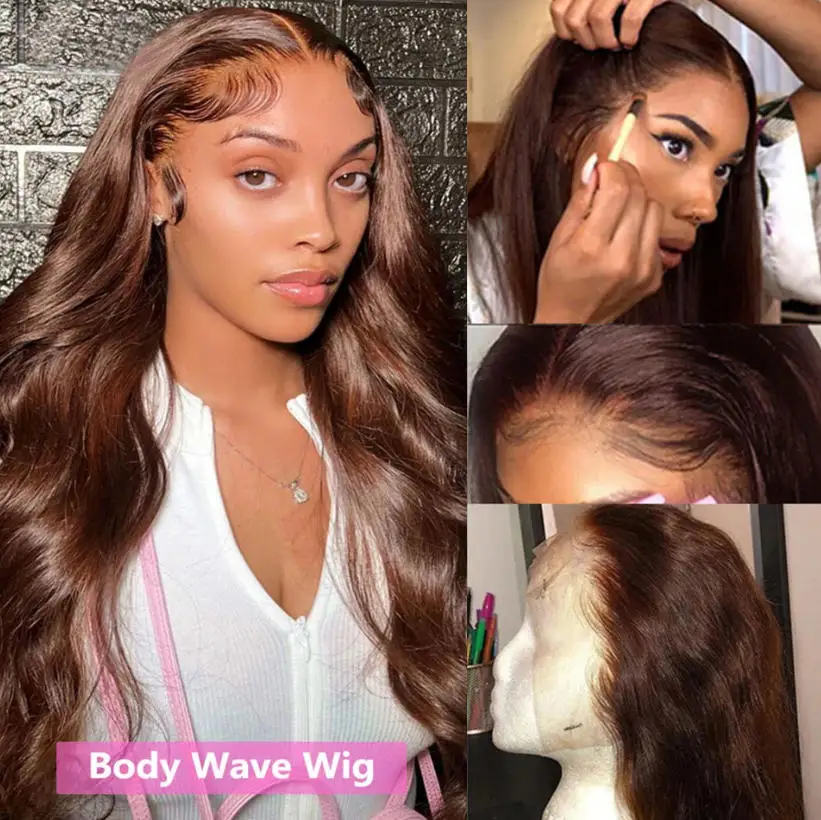 Chocolate Brown Body Wave Human Hair Wig Brown Color& Daily HD Lace Frontal Wig 13x4 Size Brazilian Remy Hair 200 Density Undetectable Available Pre Plucked Hairline Long 30 34 Inch For Daily Hairstyle