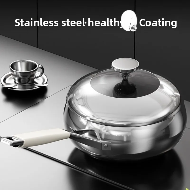 Uncoated Stainless Steel Large Wok Nonstick Cook Pan With Lid Induction Gas Stove Compatible Single Handle Rust Proof Cookware