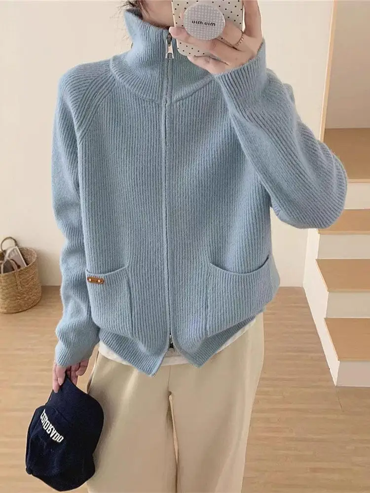

Autumn Winter New Solid Double Zipper Long Sleeve Knitted Tops Korean Women's Loose Versatile Cardigan Short Sweater Simplicity