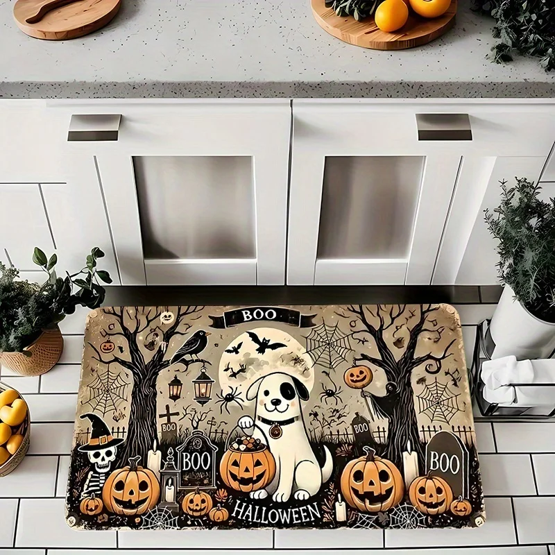 Newest Doormat Retro Halloween Dog Pumpkin Tombstone Print Doormat Flannel Non Slip Kitchen Entry Mat