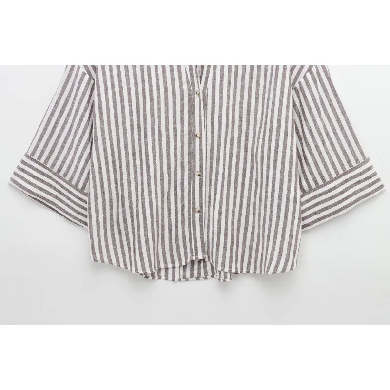 2025 Striped Shirt Women's 3/4 Sleeve V-neck Collar Oversized Beachwear Boho Chic Vintage Street Style Spring Summer