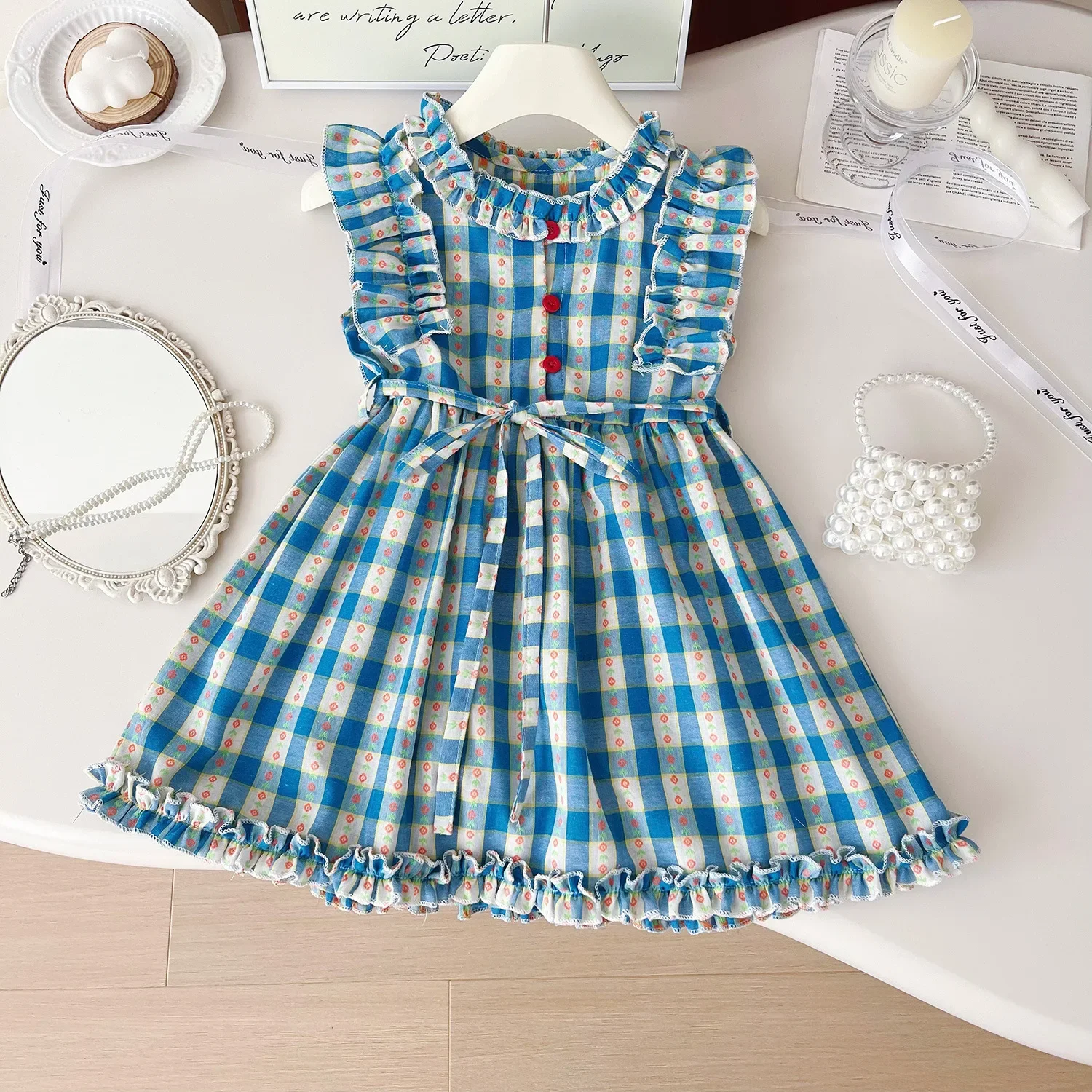 Girls Casual Dresses Floral Plaid Sleeveless Flower Girl Dresses Kids Clothes for 2 To 7 Years Princess Dress for Girls