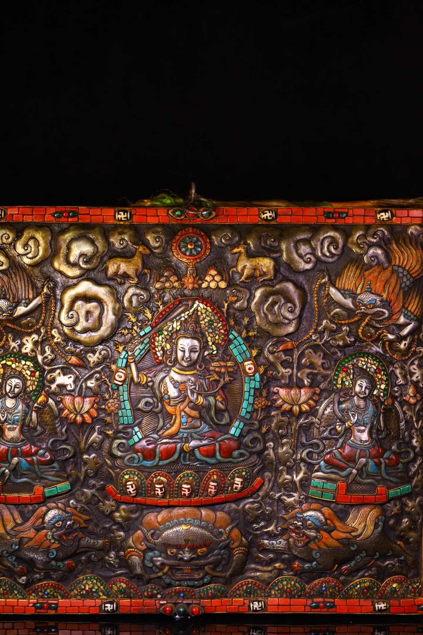 Old Tiantie Cinnabar Mosaic Gem Shell Manjushri Bodhisattva Buddha Statue Worship Hall Wall hanging