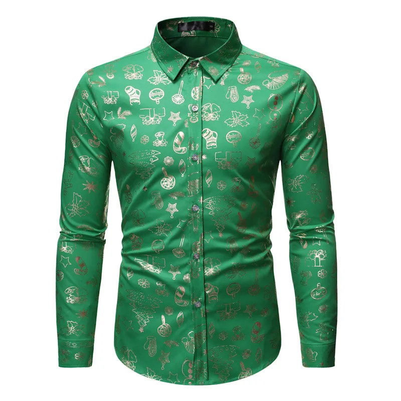 

Men's Spring and Autumn European Size Long Sleeved Shirt Festival Element Hot Stamping Turn Down Collar Men Shirts