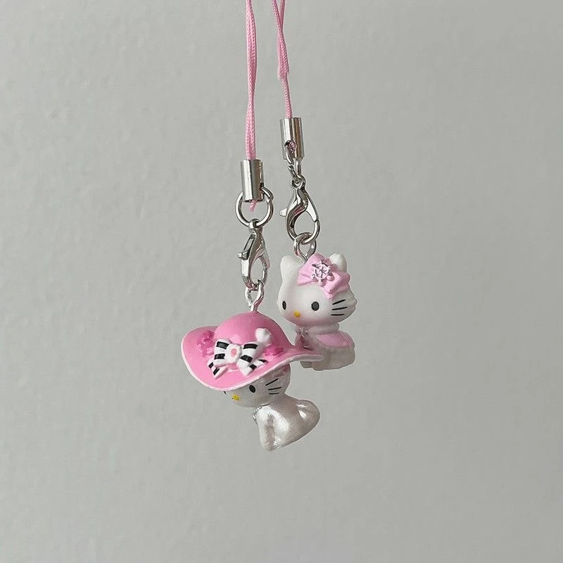 Kawaii Pink Bow Hat Hello Kitty Keychain Harajuku Girl Angel Hello Kitty Bag Mobile Phone Pendant Charm Birthday Gift Ornament