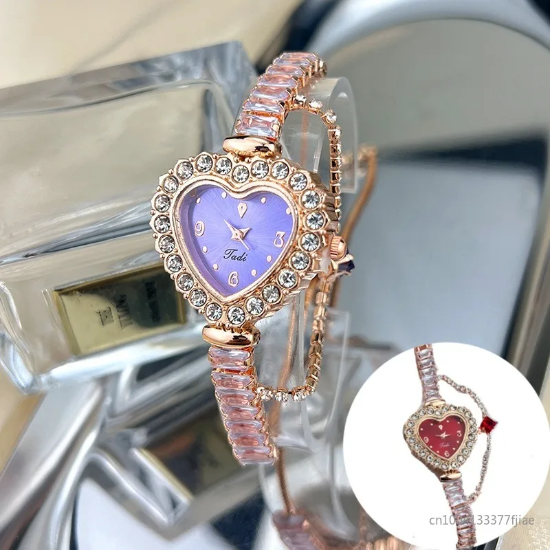 

Женские часы со стразами в форме сердца, сверкающим циферблатом и ремешком из сплава золотого тона, компактные кварцевые наручные часы для повседневной элеганты