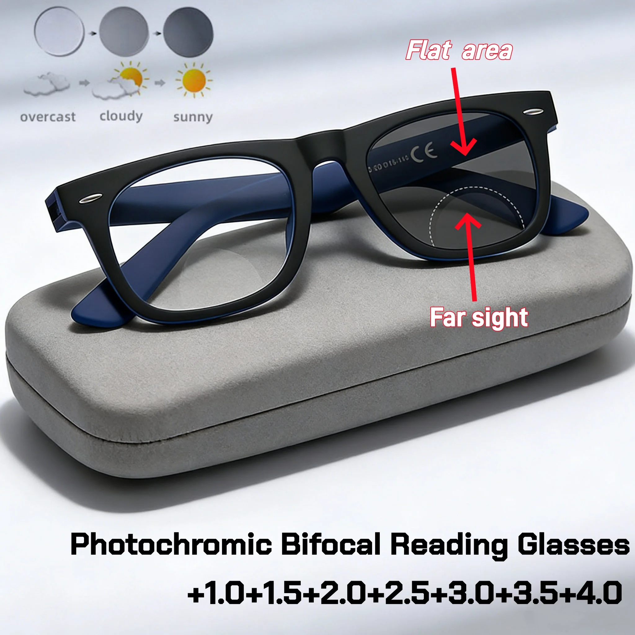 

Classic Square Full Frame Photochromic Bifocal Reading Glasses Women Men Anti Blue Light Outdoor UVProtection Presbyopia Glasses