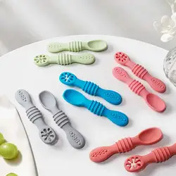 2 Pcs Baby Silicone Spoon Learning Spoon Set Solid Color Soft Silicone Feeding Spoon Training Baby Reborn Silicone Teether Toys