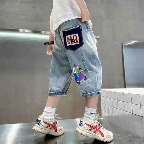 소년을위한 새로운 패션 키즈 데님 반바지 여름 뜨거운 판매 만화 카프리 청바지 십대 어린이 캐주얼 반바지 하단 중반 송아지 바지