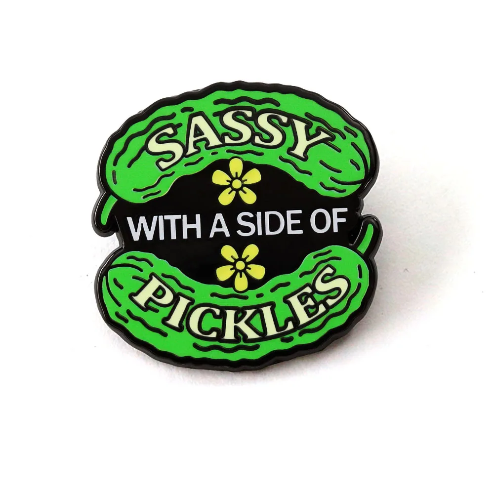 Funny Sassy With A Side Of Pickles Enamel Brooch Cute Green Cucumber Shaped Lapel Pin Humorous Food Themed Accessory Badge Gift