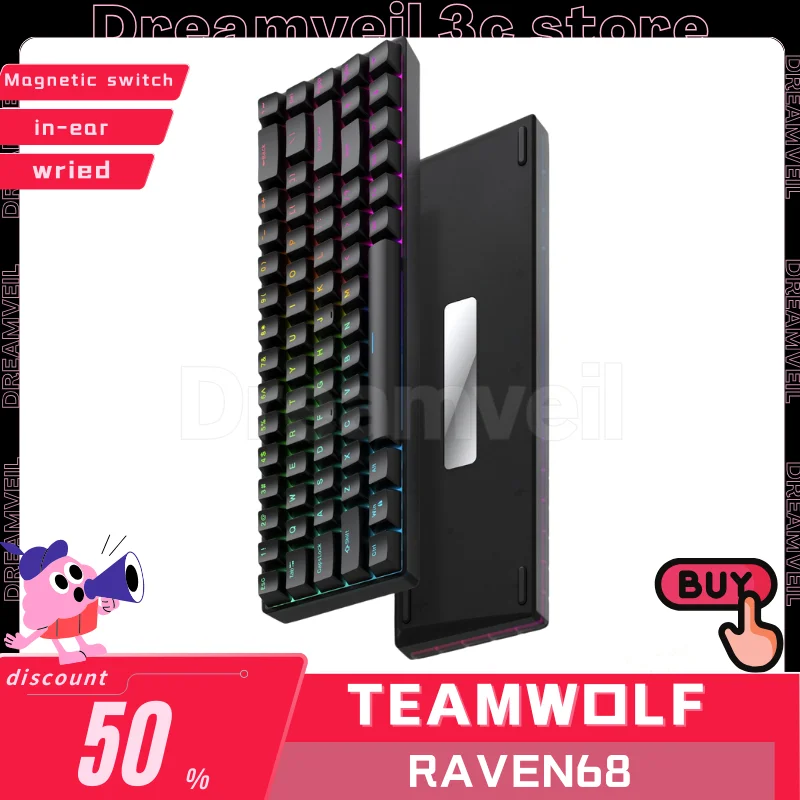 Teamwolf-Raven68 Teclado magnético do gamer do interruptor, 68 chaves, teclados mecânicos, disparador rápido, troca quente, RGB, Fps, teclado do jogo, prendido