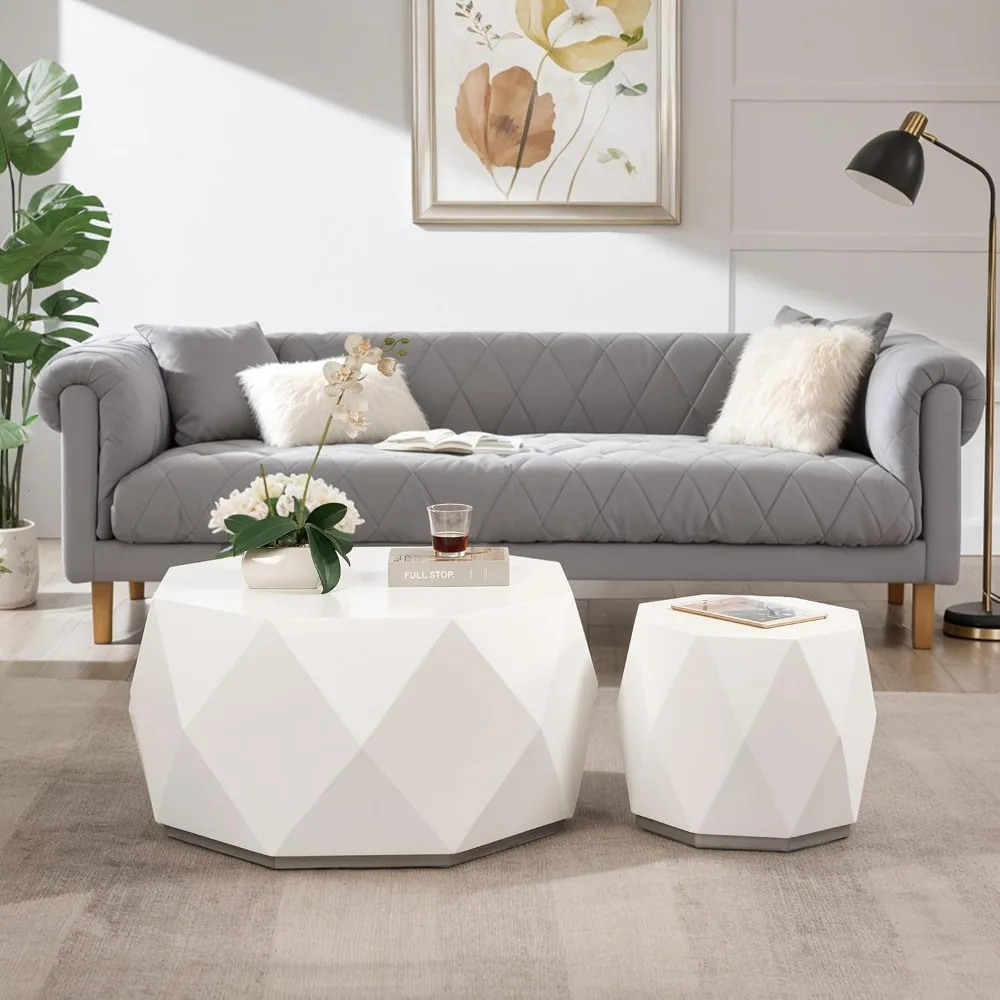 32" White Wood Diamond-Shaped Coffee Table Set for Living Room, Modern Wooden End Table with Spacious Tabletop, Octagon Coffee T