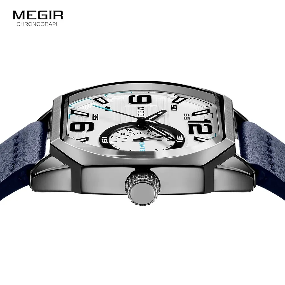 MEGIR 2201 Men's Watch New Fashion Octagon Large Dial Sports Waterproof Luminous Calendar Genuine Leather Casual Wristwatches