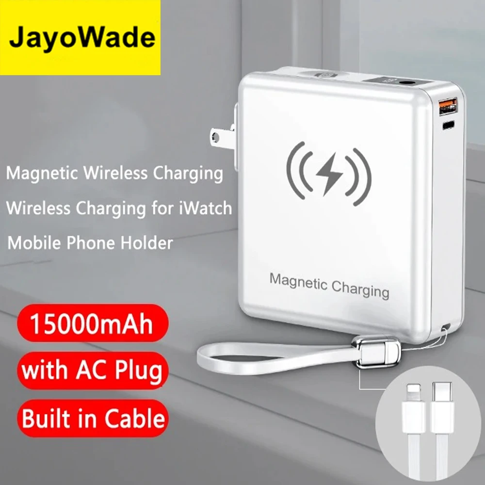 

JayoWade 15000mAh Power Bank with Cable AC Plug Wall Charger 22.5W Wireless Fast Charger For iPhone 16 iWatch Macbook Powerbank