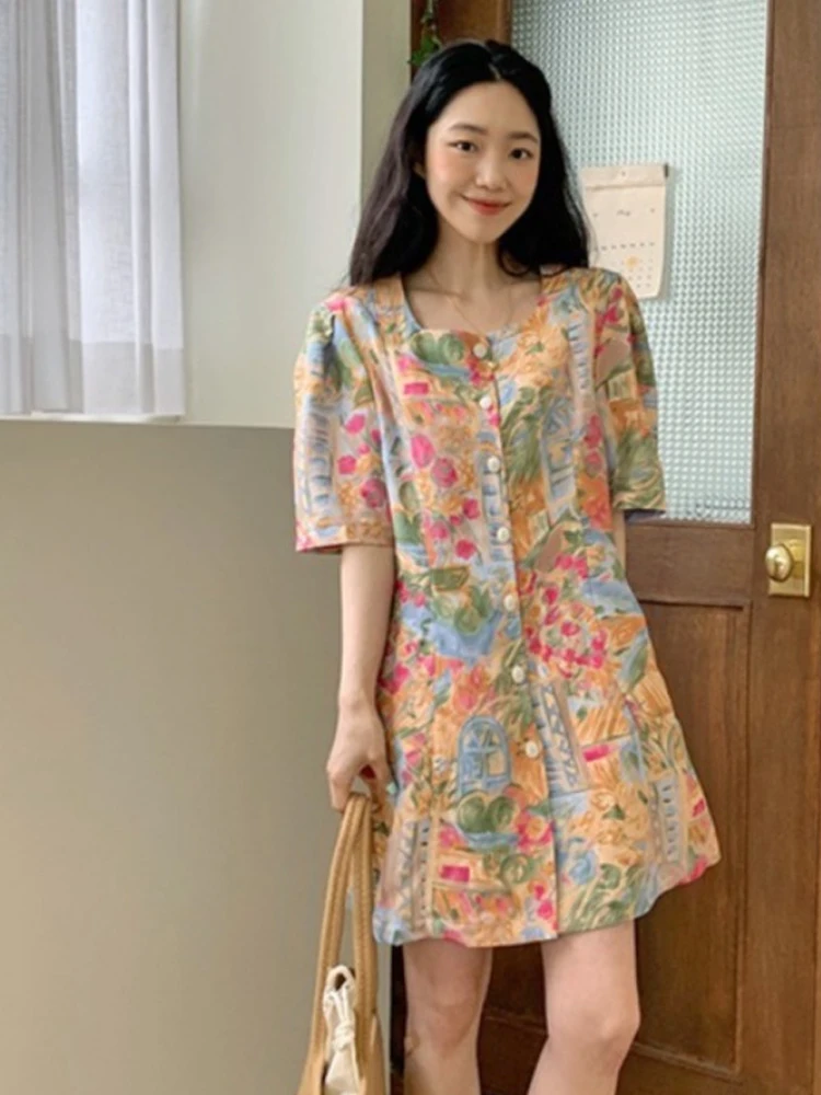 Summer New Sle Retro High Waist Print Dr Women's Faionable A-Line Skirt ort Sve Square Collar Hand-Painted Design