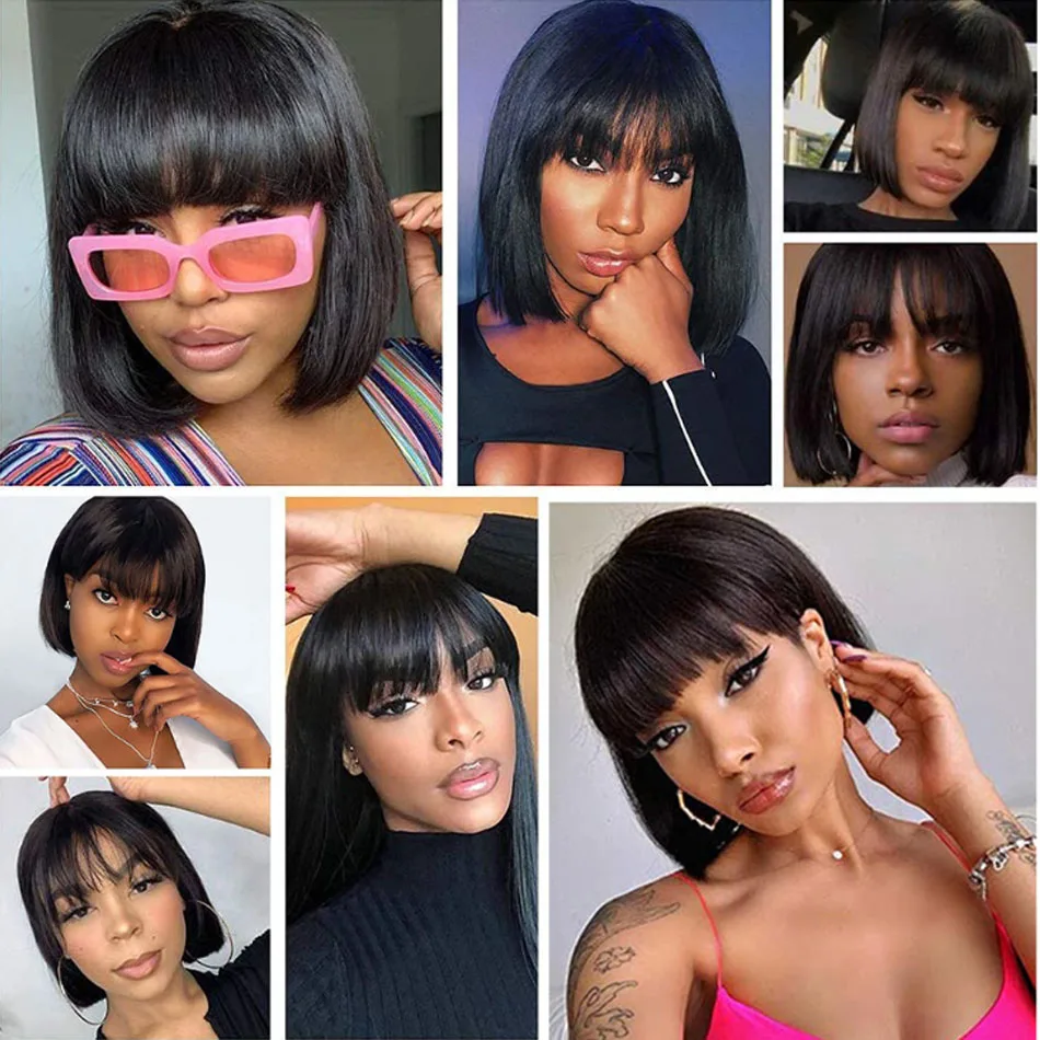 Short Bob Layered Straight Human Hair Wig with Bangs, Pre-Plucked, Glueless, yaki-straight-bob-curtain-  main image 2