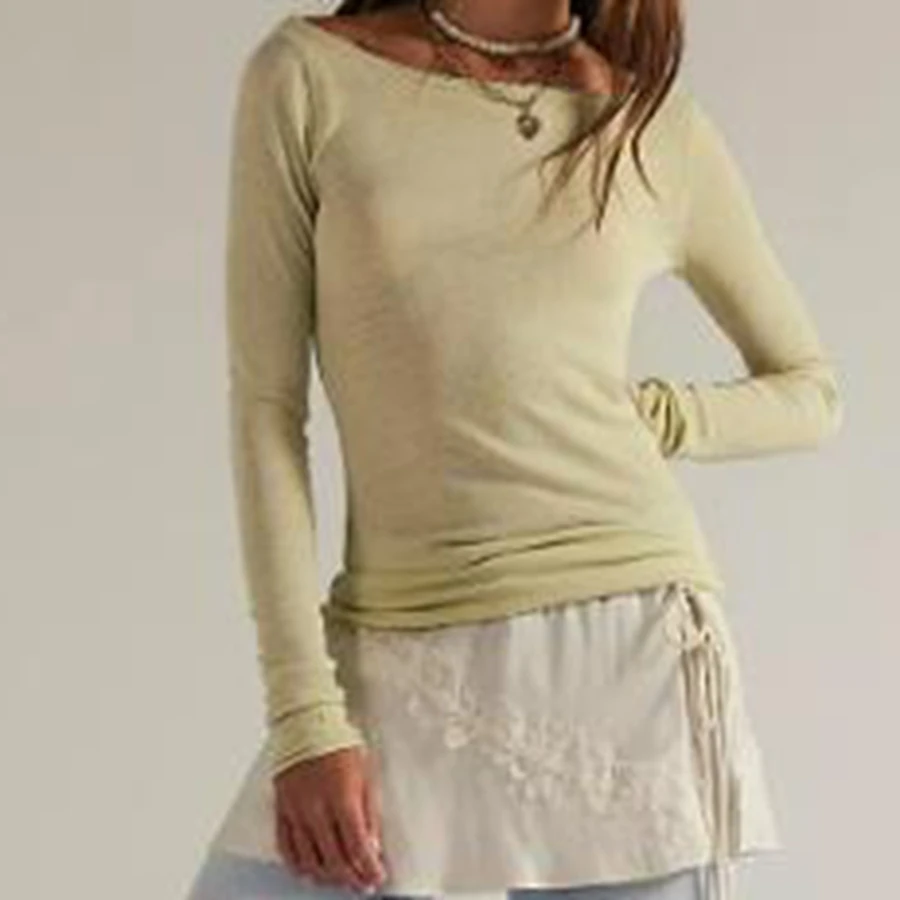 Camisetas clásicas simples de manga larga para mujer, camiseta ajustada y elegante de color sólido con cuello redondo y manga larga para otoño