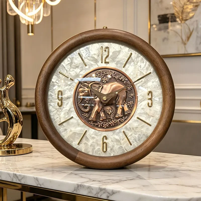 New Chinese Solid Wood Round Clock Modern Light Luxury Living Room Shell Table Clock Household Ornament