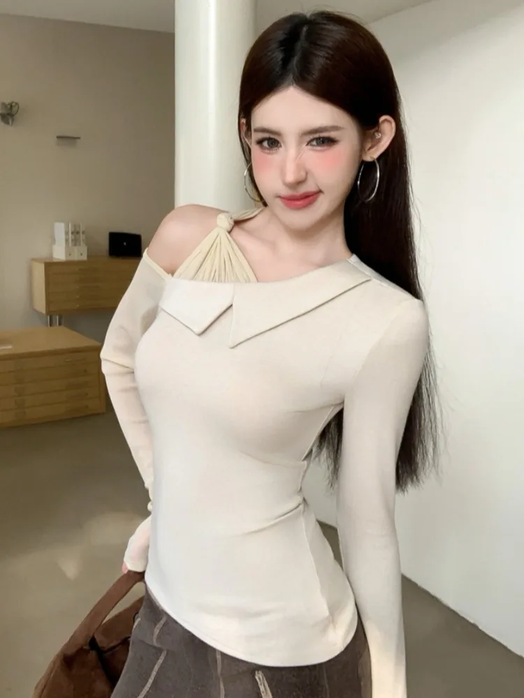 

Sexy Slim Fit Long Sleeve Mesh Splice Irregular Shoulder Top Spring Autumn Inner Wear Base Shirt City Walk Skin Friendly Brea...