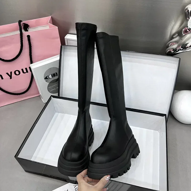

Winter Women Knight High Boots Fashion Back Zippers Ladies Elegant Platform Flats Long Booties Short Plush Women's Footwear 2026