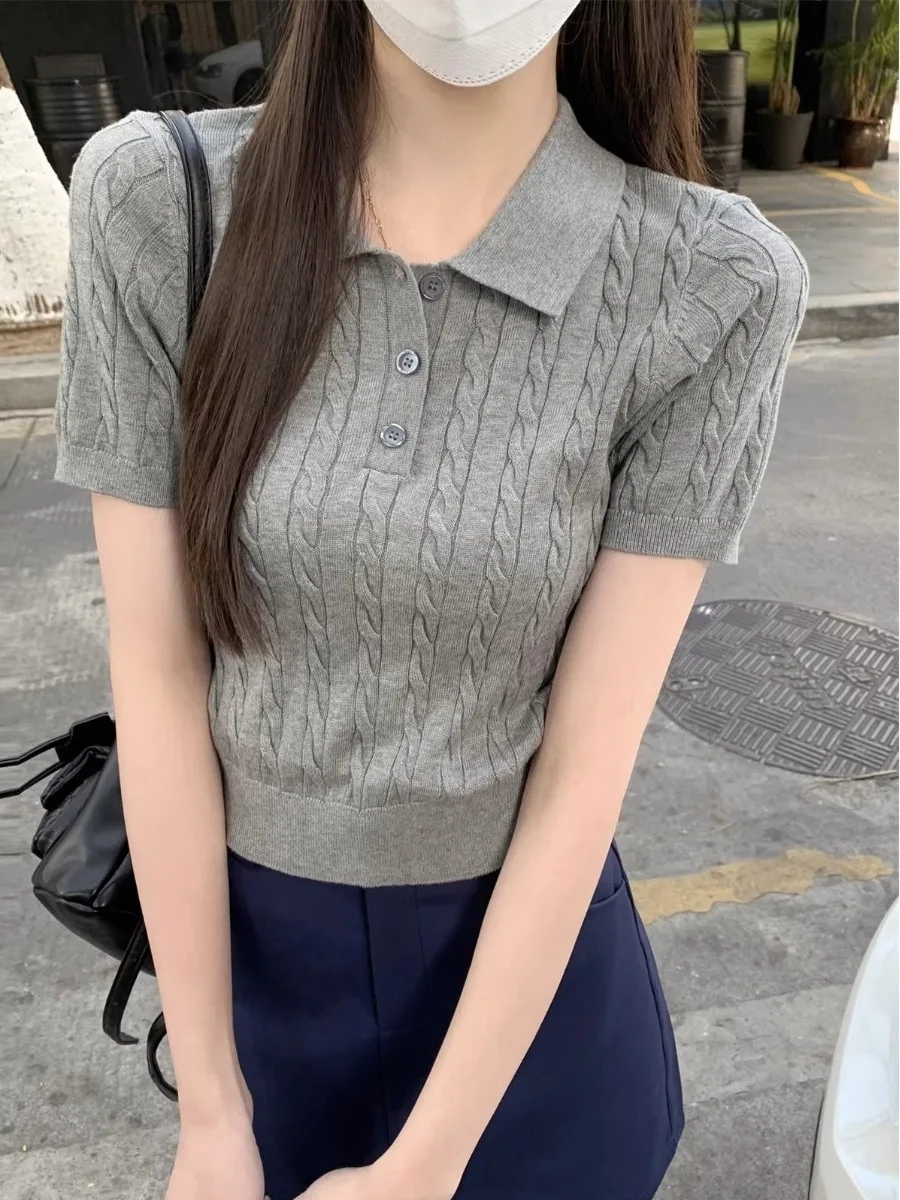 

2026 New Unique Neck Knitted Short Sleeve T-Shirt Women's Base Layer Inner Wear Small Shirt Top College Style Slim Fit