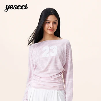 YESCCI Print Long Sleeve T Shirts Woman 2026 Autumn New Off Shoulder Lace Trim Women Top Loose Fit Casual Striped Tee S563210