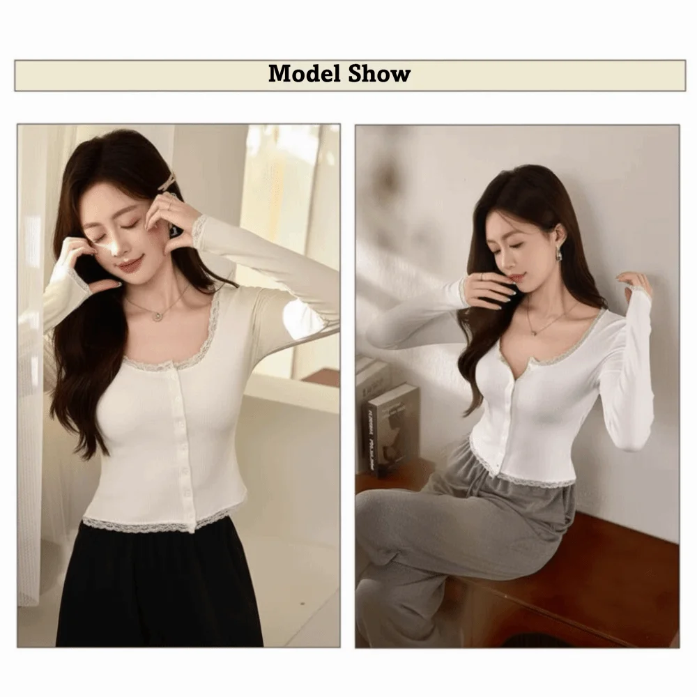 

Solid Color Women Lace Trim T-shirt Short Style Slimming Fit Square Neck Top Korean Version Pure Desire Long Sleeve T-shirt