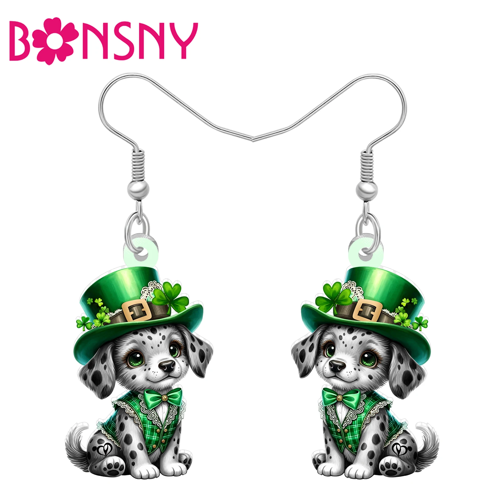 BONSNY Acrylic St Patrick Day Dalmatian Dog Earrings Green Shamrock Puppy Dangle Irish Holiday Jewelry Good Luck Gifts For Women