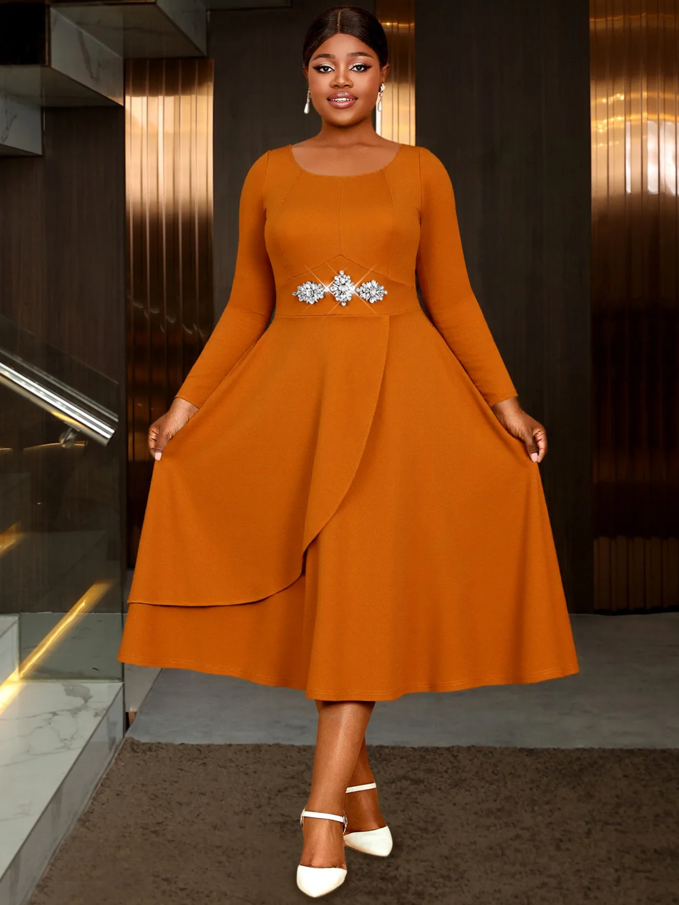 

Large-Sized Solid-Color Long-Sleeve Elegant Dress Diamond-Etched Irregular Hem Gentle Gracious Women's Fashion