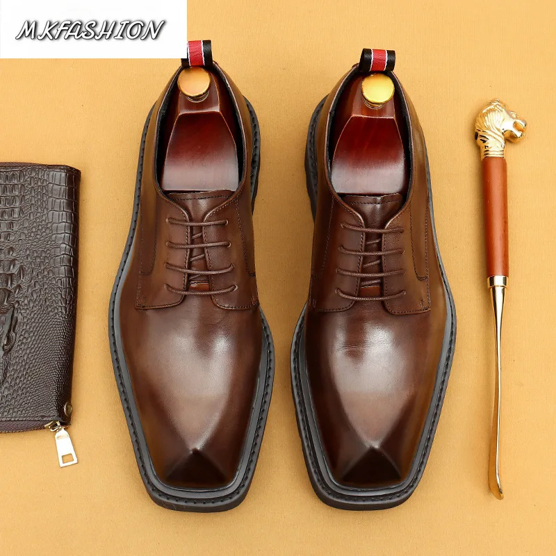 Men'sBusiness Casual Shoes Genuine Leather Square Toe Thick Soled Slip On Flats Party Footwear