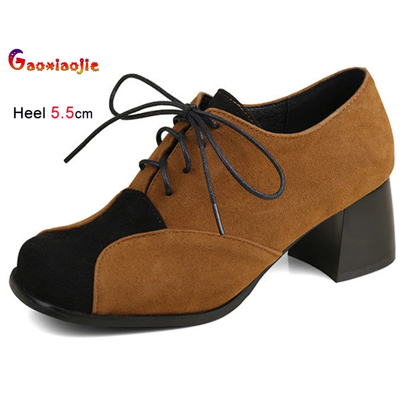 

Новые женские туфли из коричневой замши на толстом каблуке 5,5 см, весна-осень 2026, на шнуровке, с квадратным носком, повседневные, разноцветные