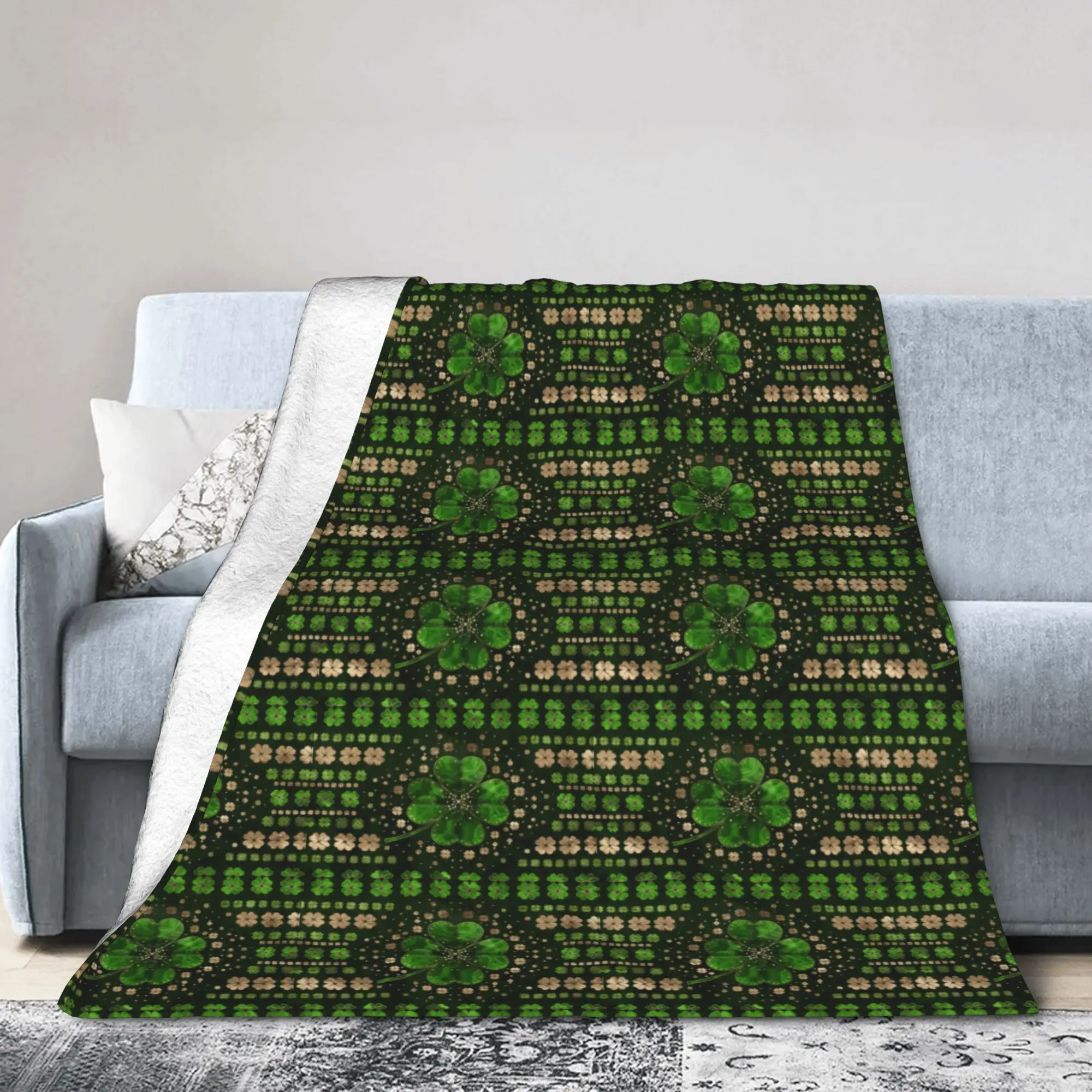Custom Shamrock Four Leaf Blankets Warm Flannel St Patricks Day Throw Blanket for Bedding Couch Quilt