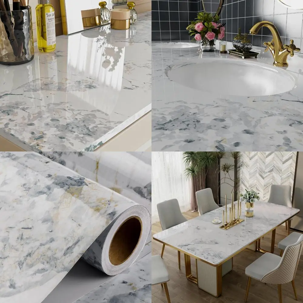 ورق اتصال كونترتوب رخامي لامع مقاوم للماء بعرض للغاية، مقاس 36 × 160 بوصة، قابل للتقشير واللصق لأسطح المطبخ والحمام