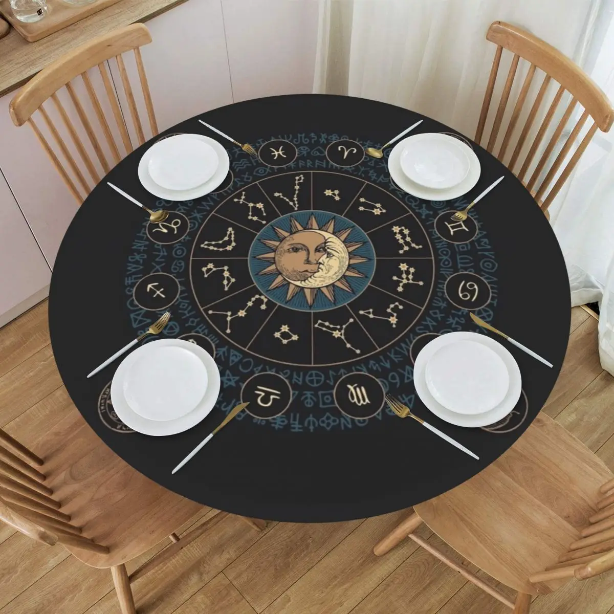 Horoscope Wheel With Zodiac Signs Waterproof Round Tablecloth Oilproof Table Cloth for Kitchen Events Dining Table Cover
