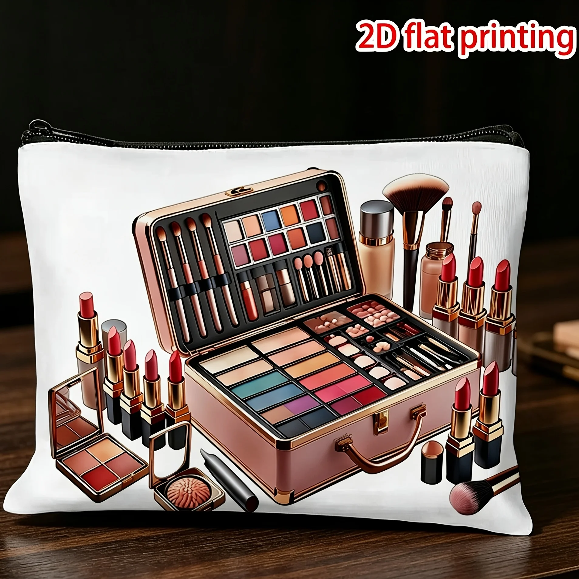 Standalone Makeup Bag White Base Beauty-Themed Patterns Makeup Brushes, Lipstick Eyeshadow Palettes. Equipped Zipper Closure,