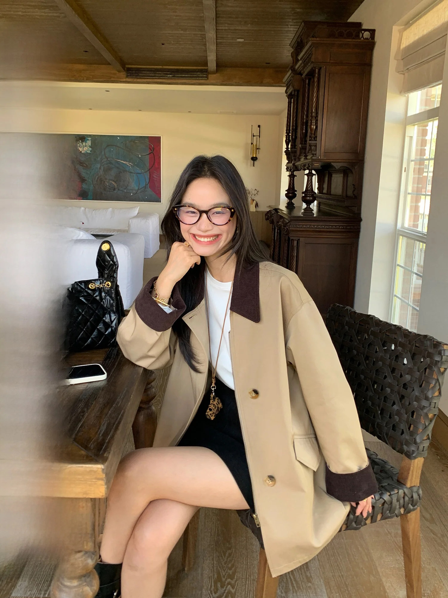 Pusumede Melbourne Style Vintage Color Block Collar Mid-Length Women's Coat Loose Fit Elegant Atmosphere Long Sleeve Cotton P...