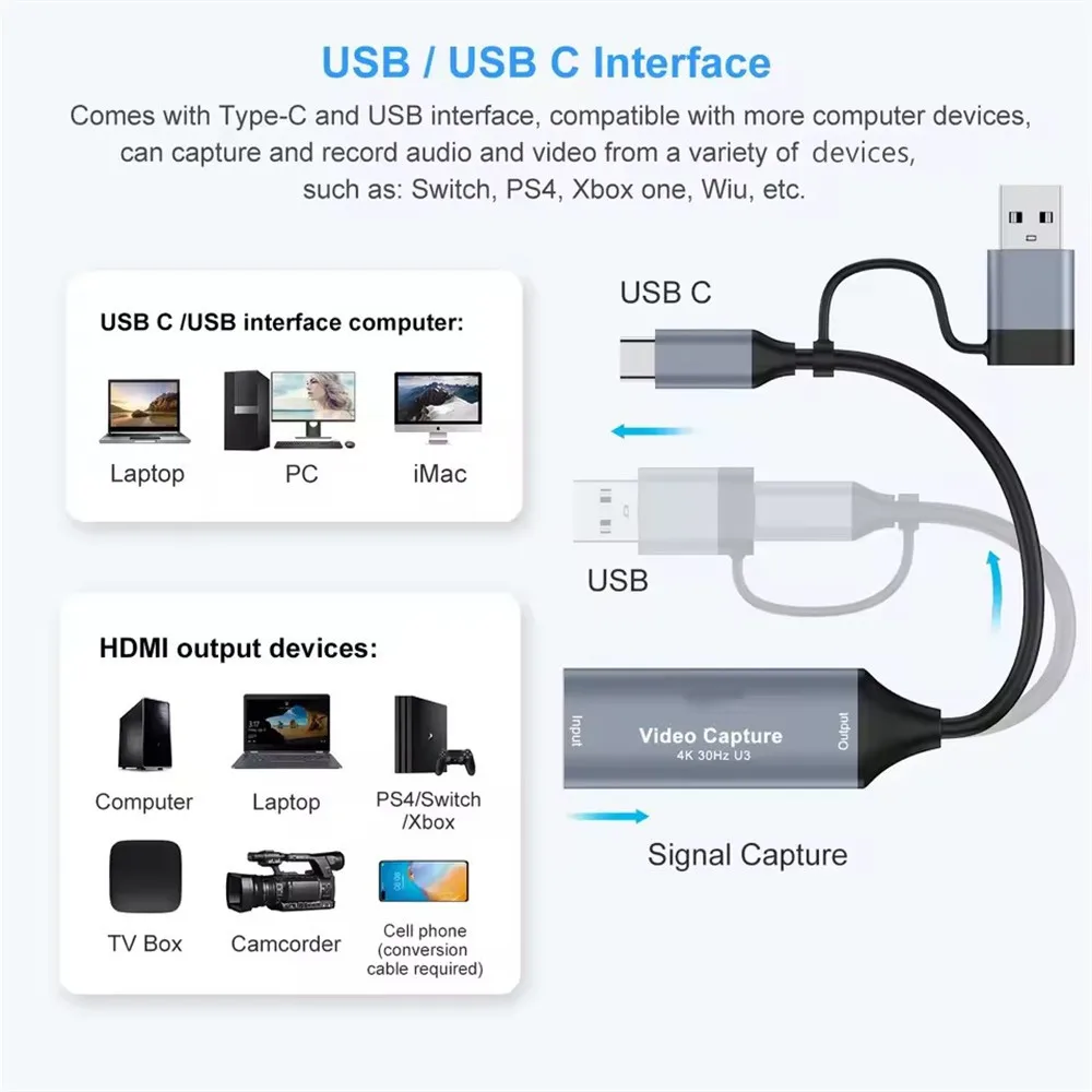 2 in 1 USB 3.0 Video Capture Card 4K Compatible to USB 2.0 Type-C Game Grabber Record For Switch Xbox PS5/4 Live Broadcast image 5