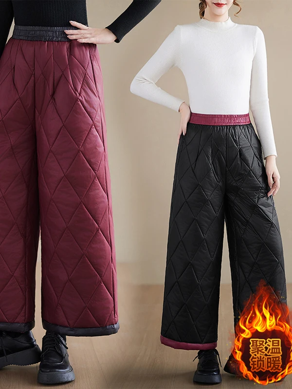 

plus Size High Waist Wide Leg Pants Women's Ethnic Sle Slimming Warm Loose Versatile Cotton Enriched Trousers